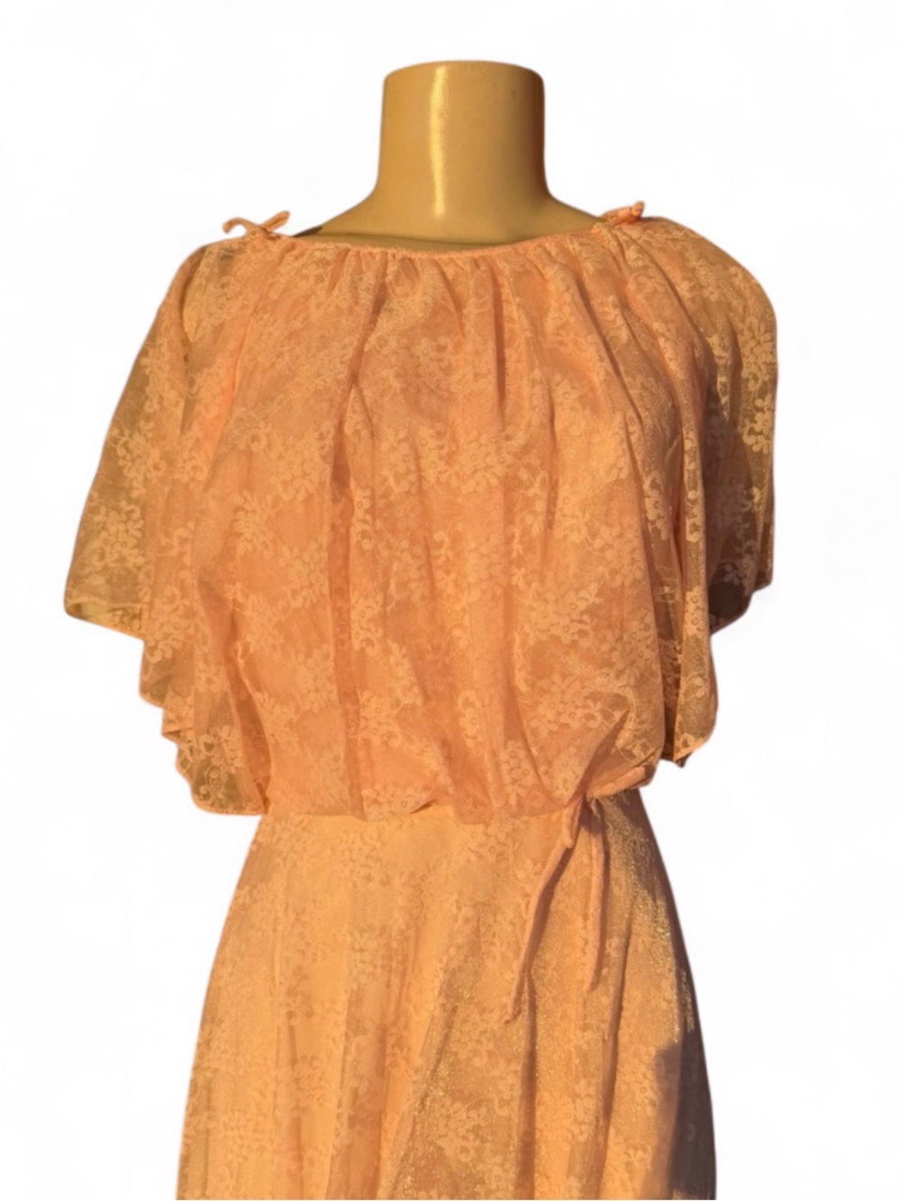 Vintage 70s Coral Lace Dream Goddess style Gown / Dress (S)